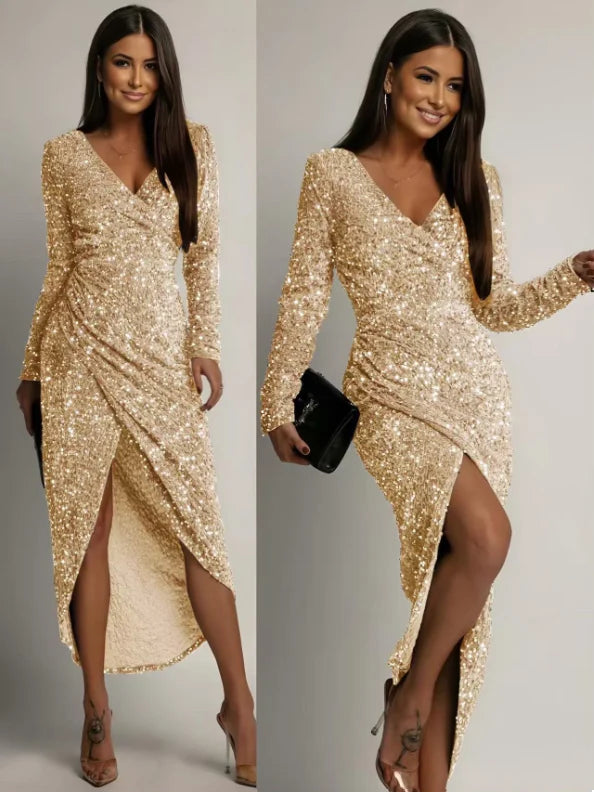 Longue robe à sequins manches longues