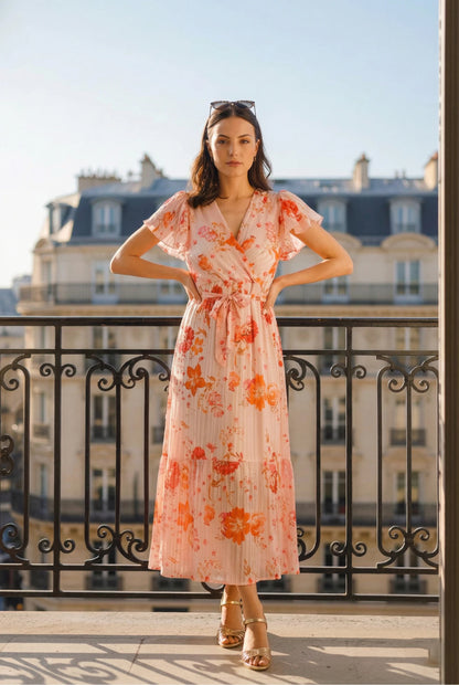 Robe Maxi Florale Plissée – Élégance Féminine