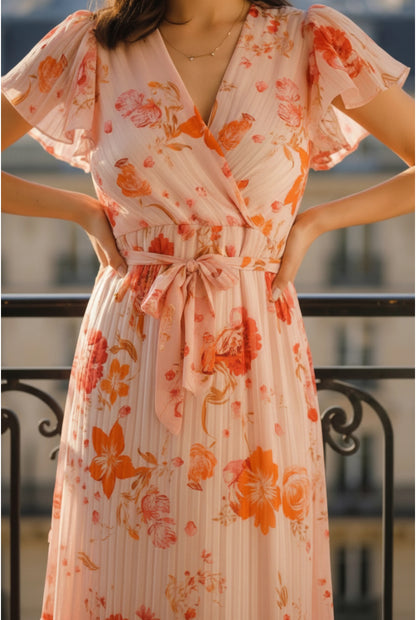 Robe Maxi Florale Plissée – Élégance Féminine