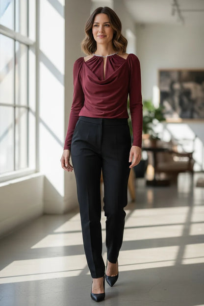 Top drapé à manches longues avec anneau métallique